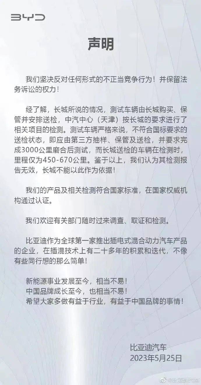 长城汽车举报比亚迪，图什么？