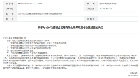 国资背景“长兴”私募，五项违规遭监管点名“整改反思”